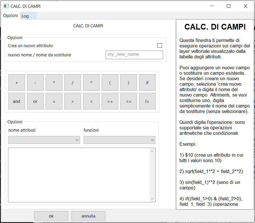 Finestra del calcolatore di campi del software hydro-gis