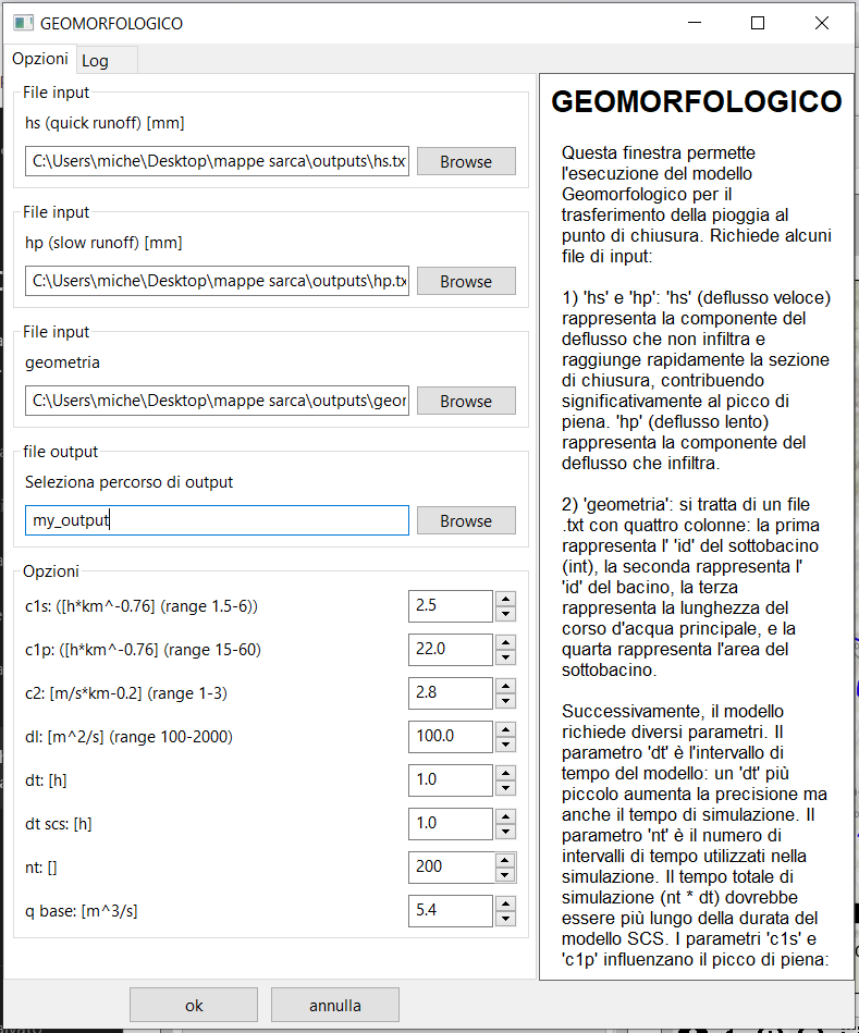 Finestra per l'esecuzione del modello geomorfologico (GIUH code) con il software hydro-gis.