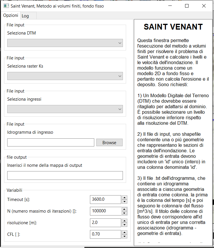 Finestra per la simulazione di un'onda di piena con il modello a fondo fisso di hydro-gis