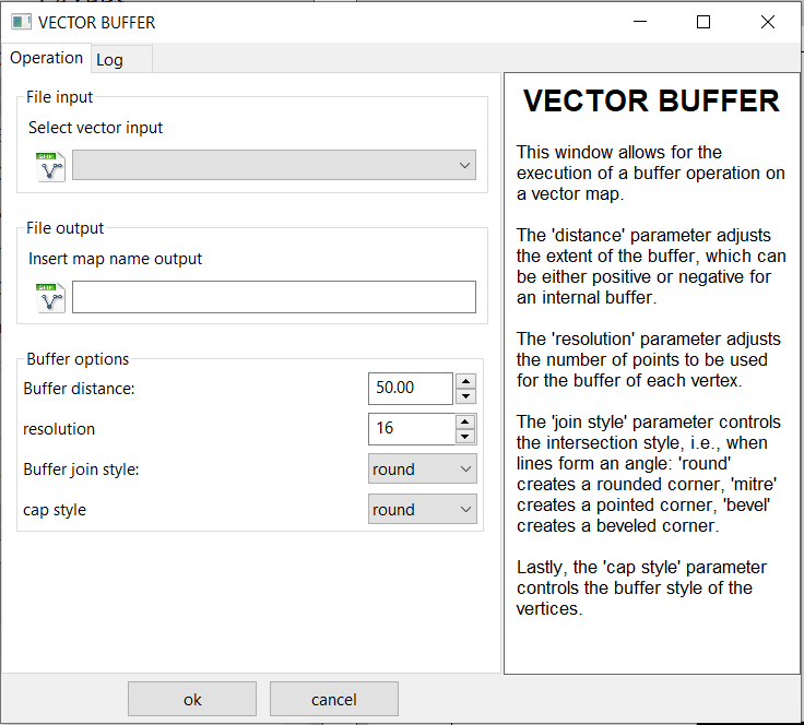 Finestra per la creazione di un buffer vettoriale esterno o interno ad un file vettoriale