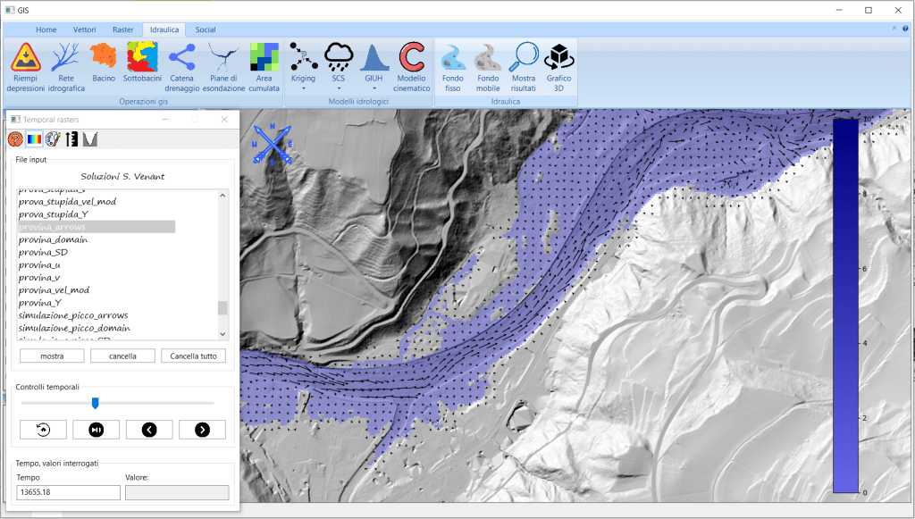 Sezione idraulica del software hydro-gis. Si vedono i comandi relativi all'idrologia e idrodinamica nella barra multifunzione e sono mostrati i risultati di una simulazione numerica
