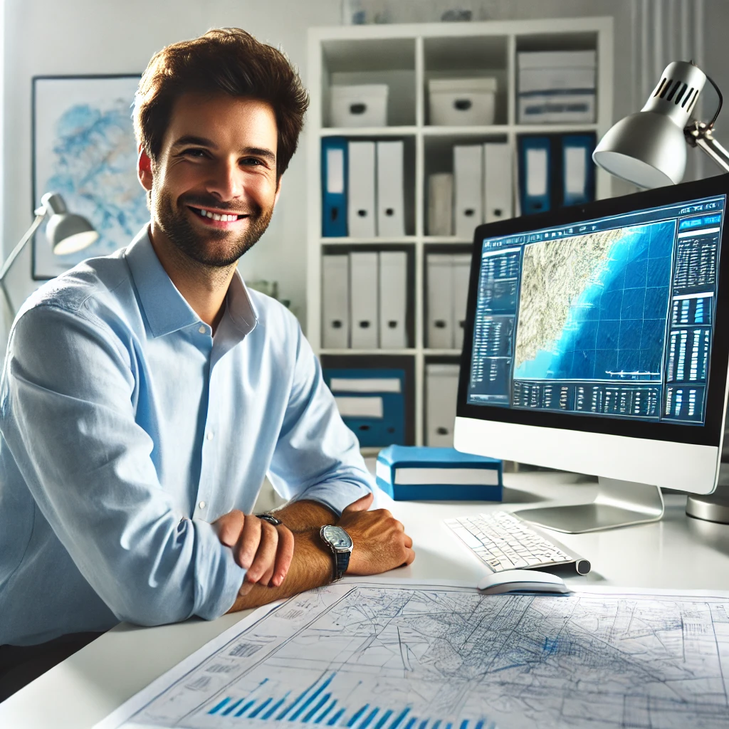 Tecnico GIS sorridente e soddisfatto di HYDRO-GIS