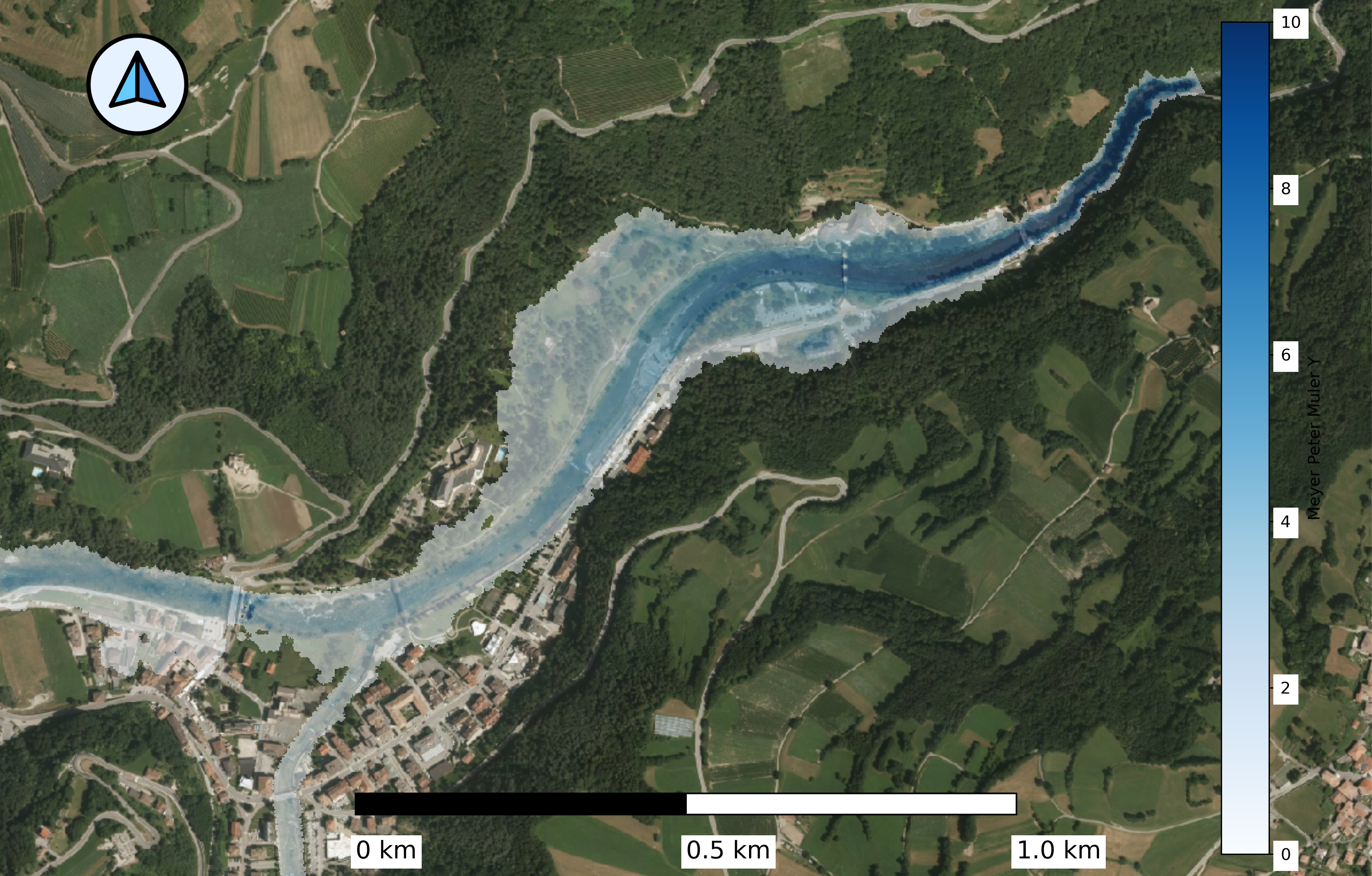 Esempio di mappa dei tiranti, uno degli output delle simulazioni idrauliche. Come sfondo è stata usata un'ortofoto.
