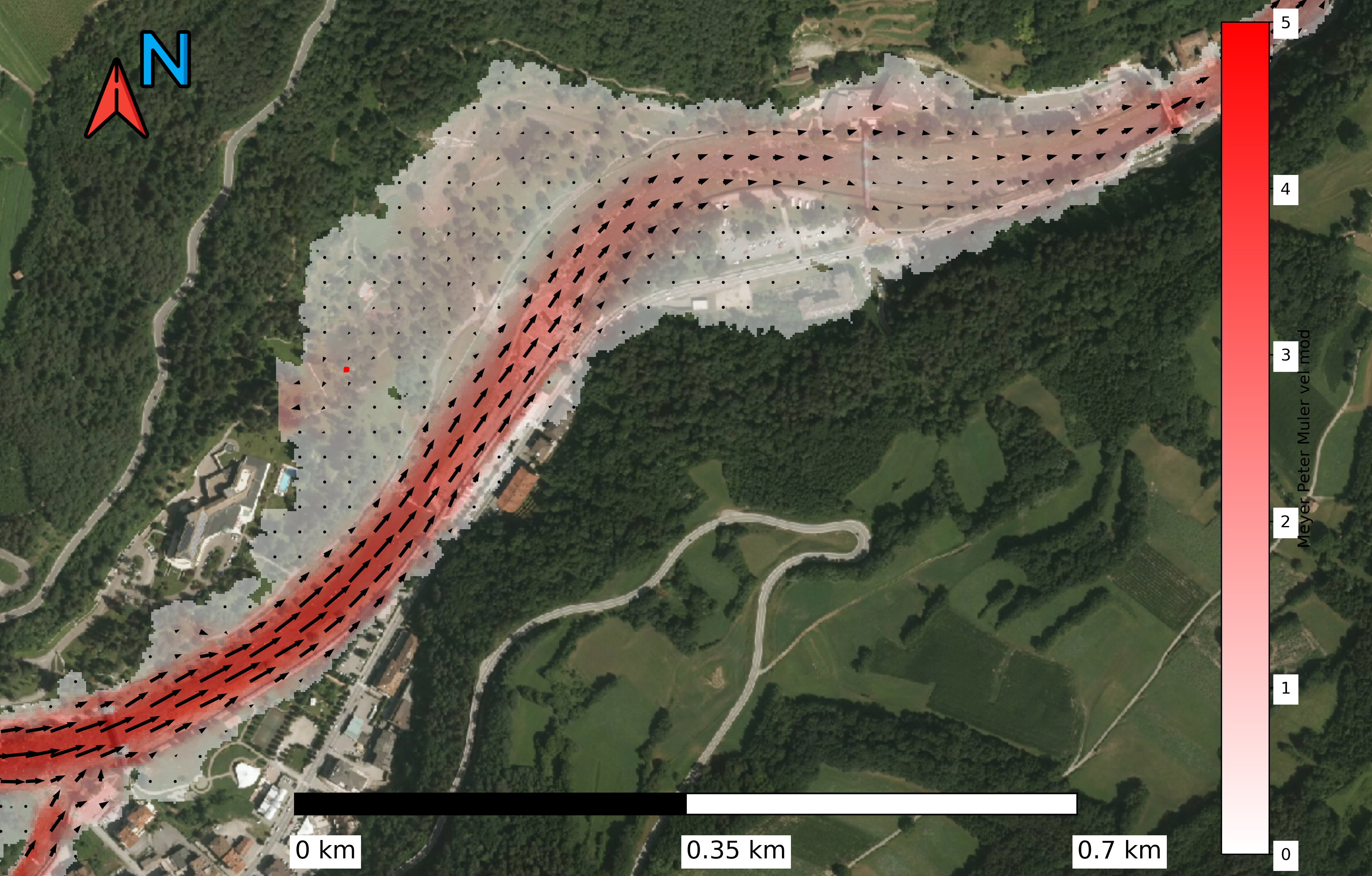 Esempio di mappa della velocità dell'acqua con le frecce di flusso sovrapposte